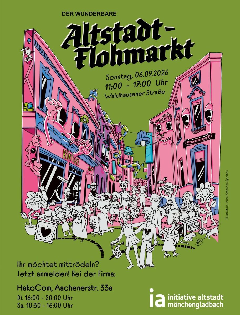 Illustriertes Plakat zum Altstadt-Flohmarkt am 6. September 2026 auf der Waldhausener Straße in Mönchengladbach